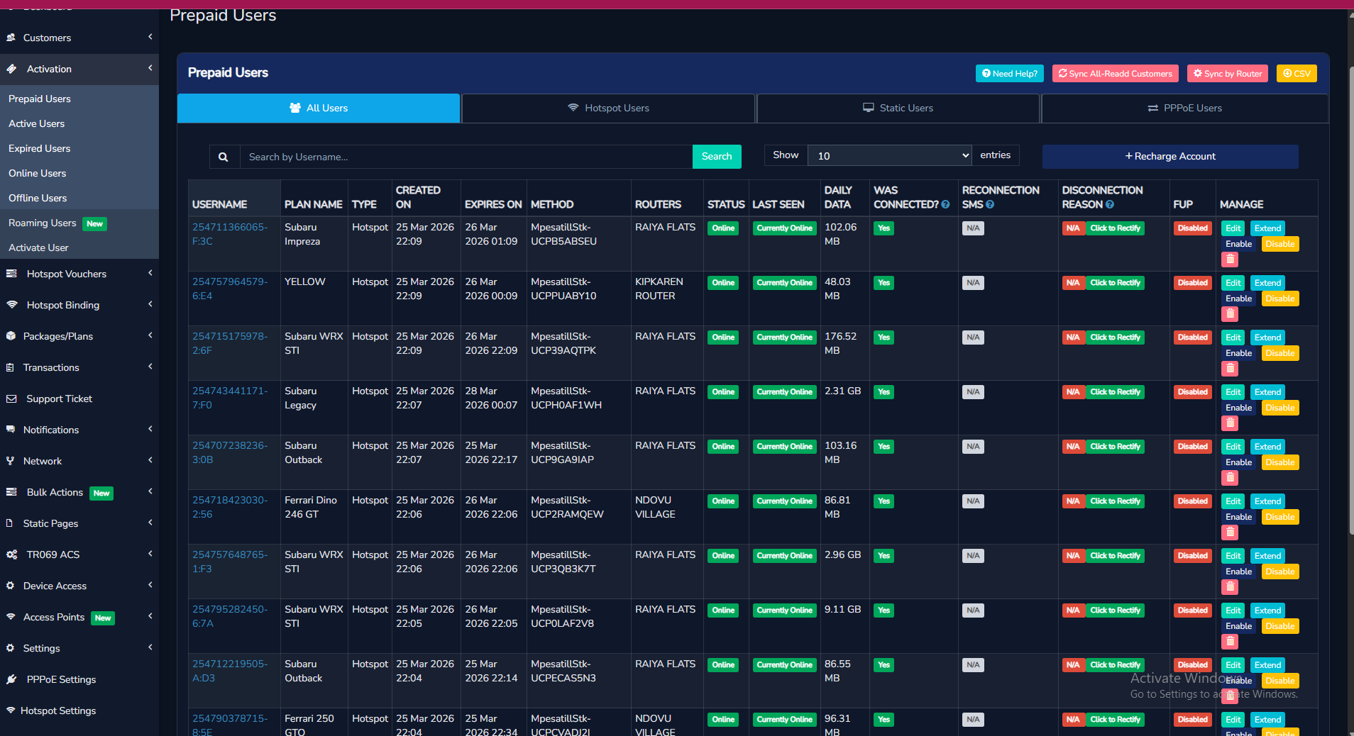 Freeispradius prepaid users management showing customer status and billing